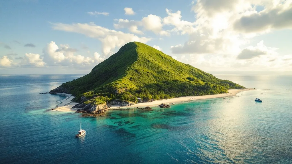 Small island with a steep grassy hill and white beach near Labuan Bajo, Flores