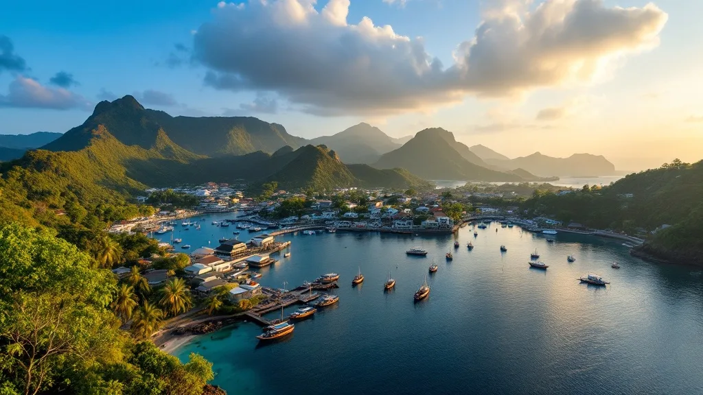Aerial view of Labuan Bajo town and harbour on Flores, Indonesia