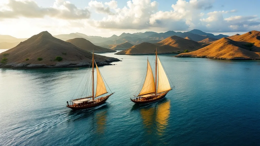 Two wooden phinisi schooners at anchor in a bay ringed by dry hills, Komodo National Park