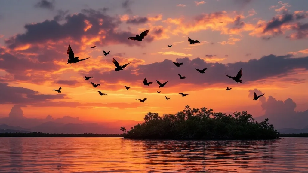 Flying foxes silhouetted over a mangrove island at sunset near Kalong Island, Komodo