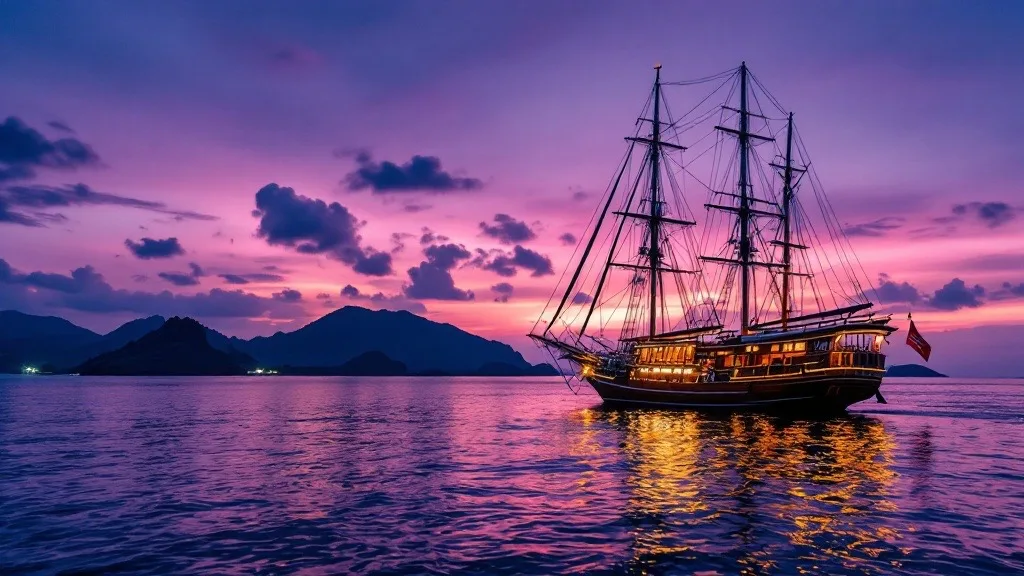 Phinisi liveaboard at anchor at dusk with deck lights on, Komodo National Park