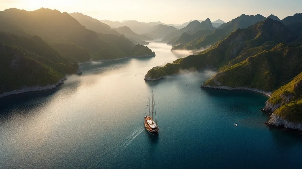 Wooden liveaboard anchored in a sheltered bay in northern Komodo National Park at dawn