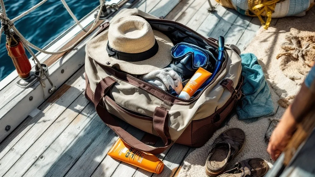 Soft duffel bag, snorkel mask, hat and reef shoes laid out on a timber boat deck