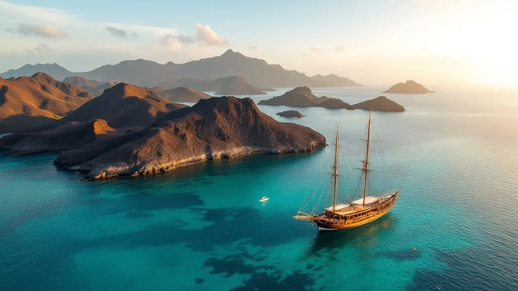 Aerial view of a wooden phinisi schooner anchored in a turquoise bay in Komodo National Park