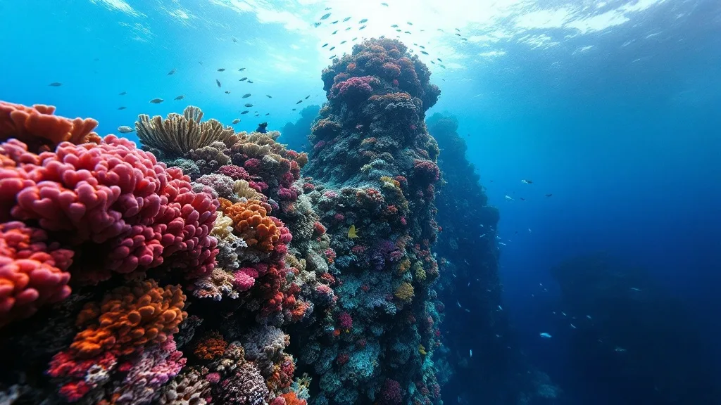 Coral pinnacle covered in soft coral with schooling fish, Komodo National Park