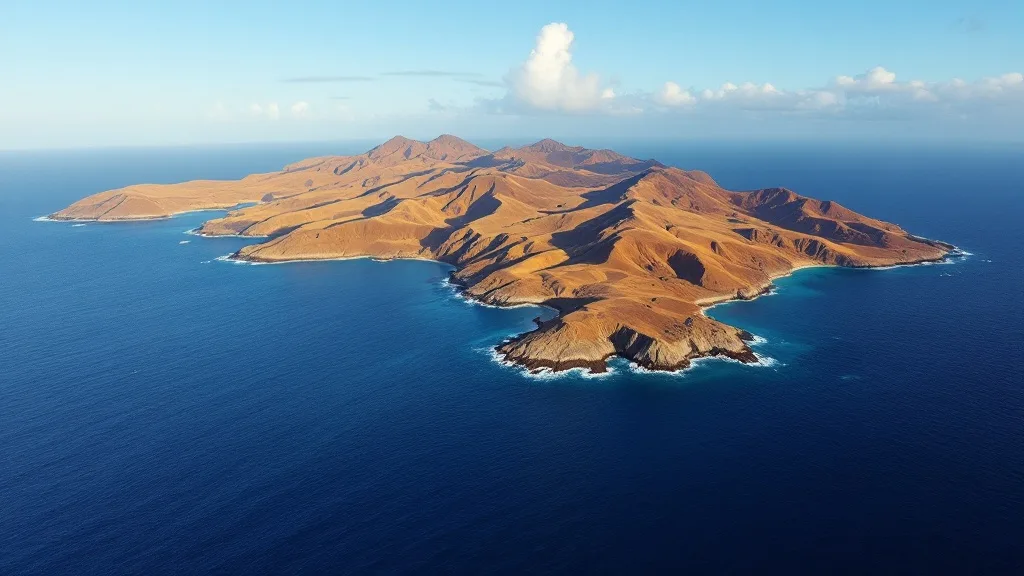 Dry golden savannah hills rising from deep blue sea in Komodo National Park