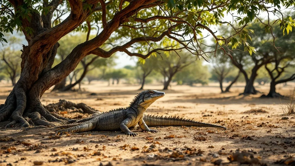 Wild Komodo dragon resting on dry savannah ground in Komodo National Park