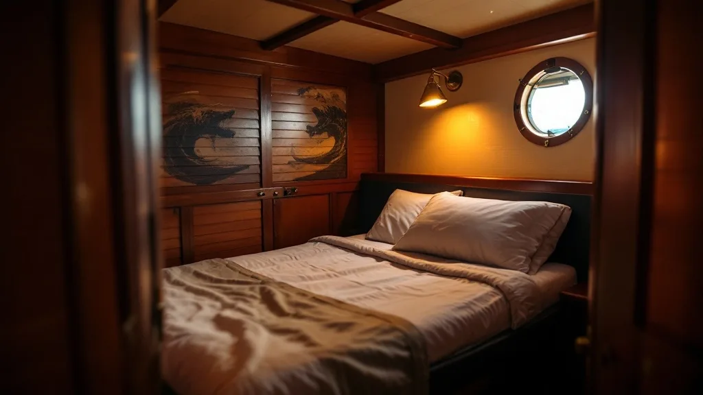 Lower-deck wooden boat cabin with a queen bed and a small sea-view window
