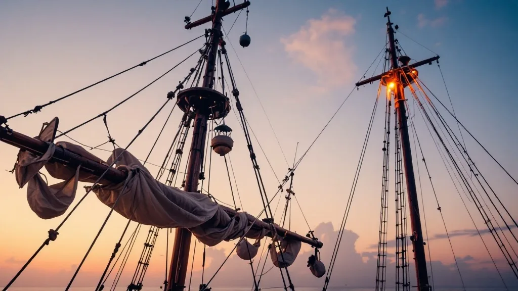 Rigging and mast of a wooden phinisi against an evening sky at anchor