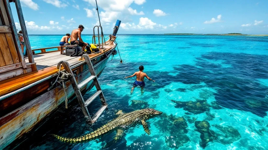 Swim platform and ladder of a wooden boat above clear shallow turquoise water