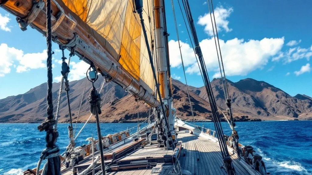 Two-masted wooden phinisi schooner under way in the Flores Sea near Komodo National Park