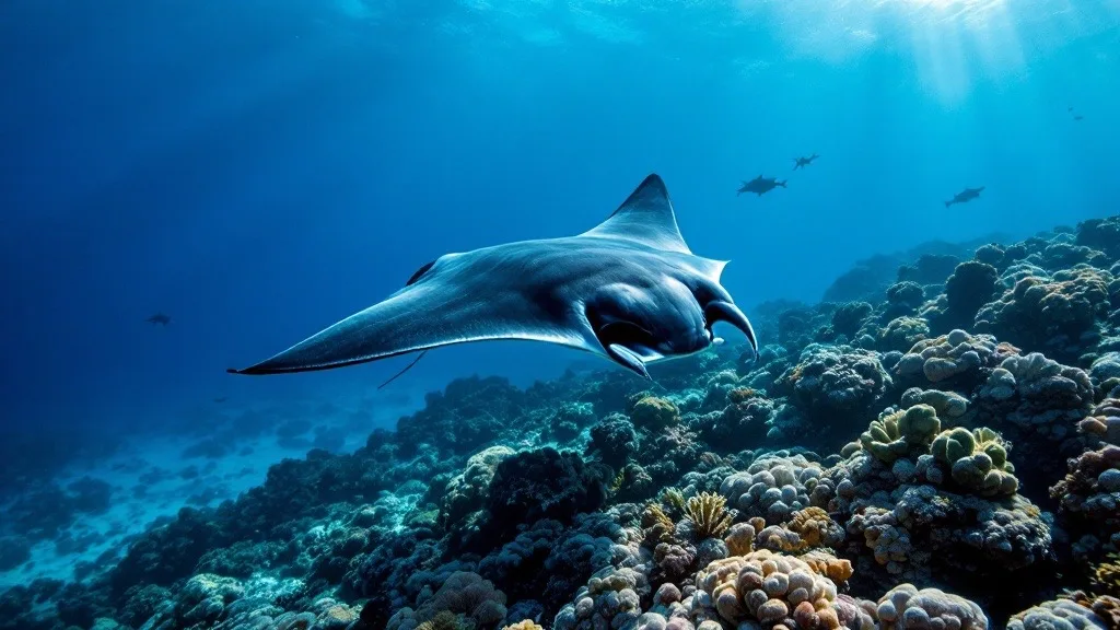 Reef manta ray gliding over a coral reef in the clear water of Komodo National Park
