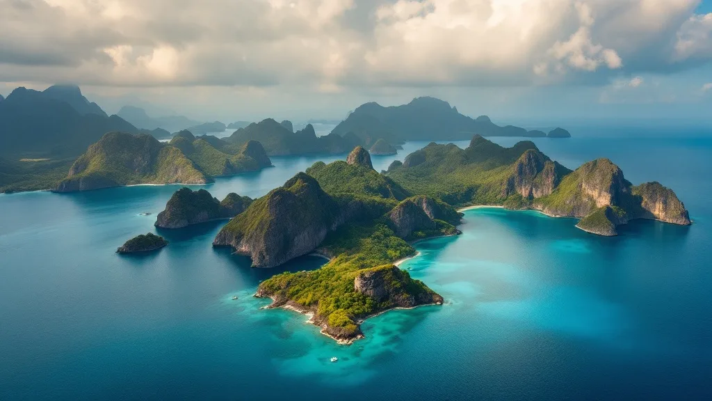 Karst limestone islets rising from calm turquoise water in eastern Indonesia