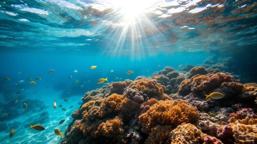 Shallow coral garden with reef fish seen from just below the surface, Komodo National Park