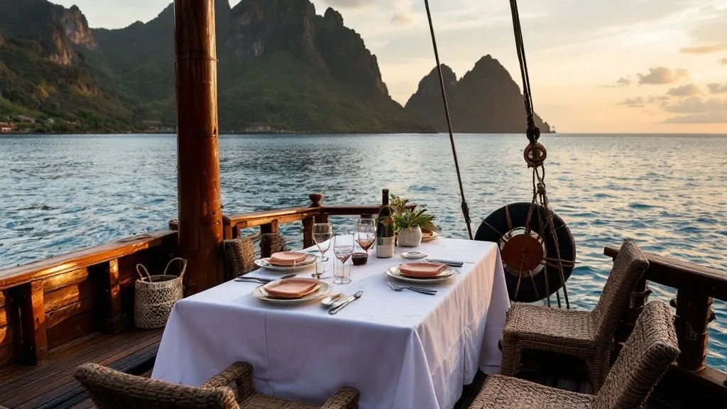 Outdoor dining set on the aft deck of a wooden phinisi in the Komodo islands