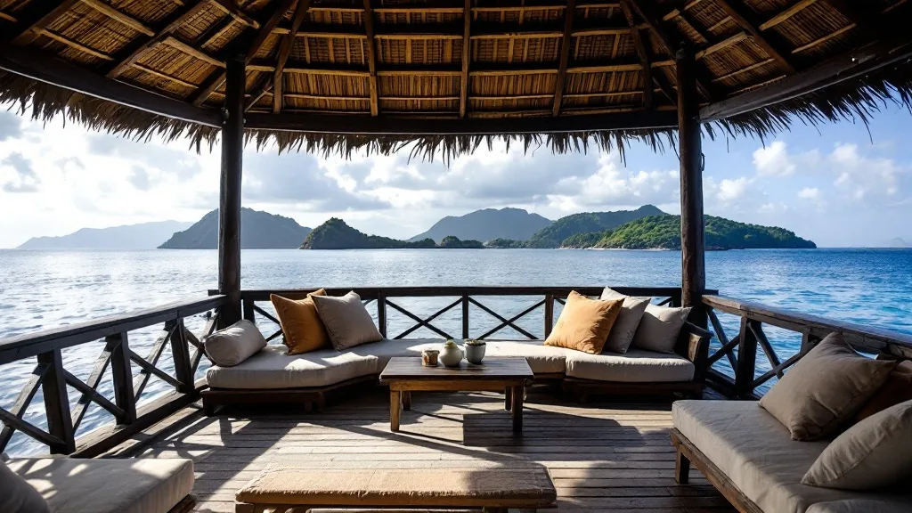 Shaded sundeck of a wooden phinisi with cushions and a low table at sea