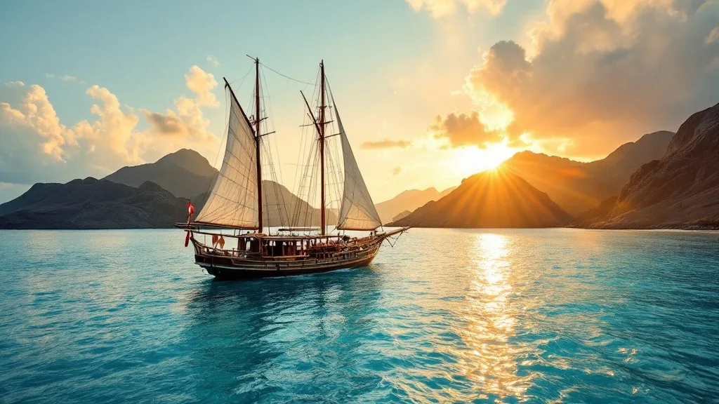 Traditional Indonesian phinisi schooner at anchor in turquoise water off volcanic islands in Komodo National Park