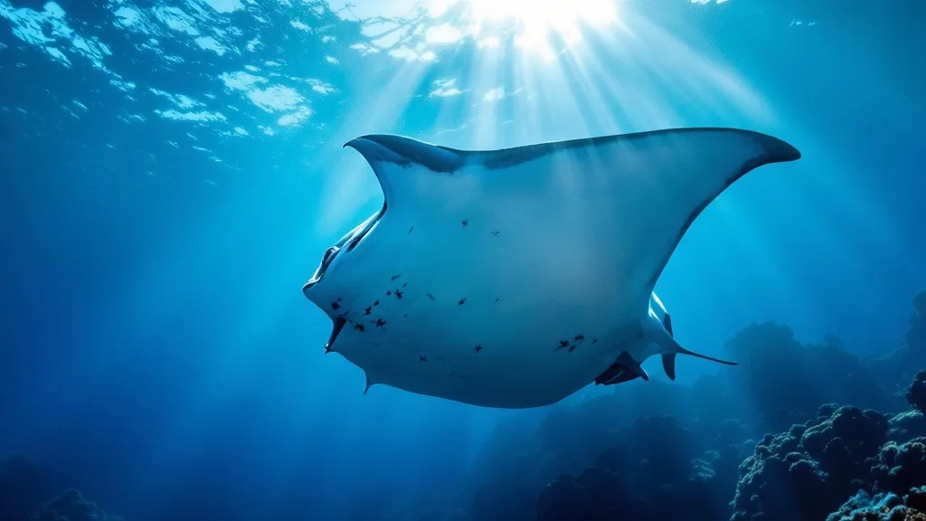 Reef manta ray feeding near the surface in the clear water of Komodo National Park