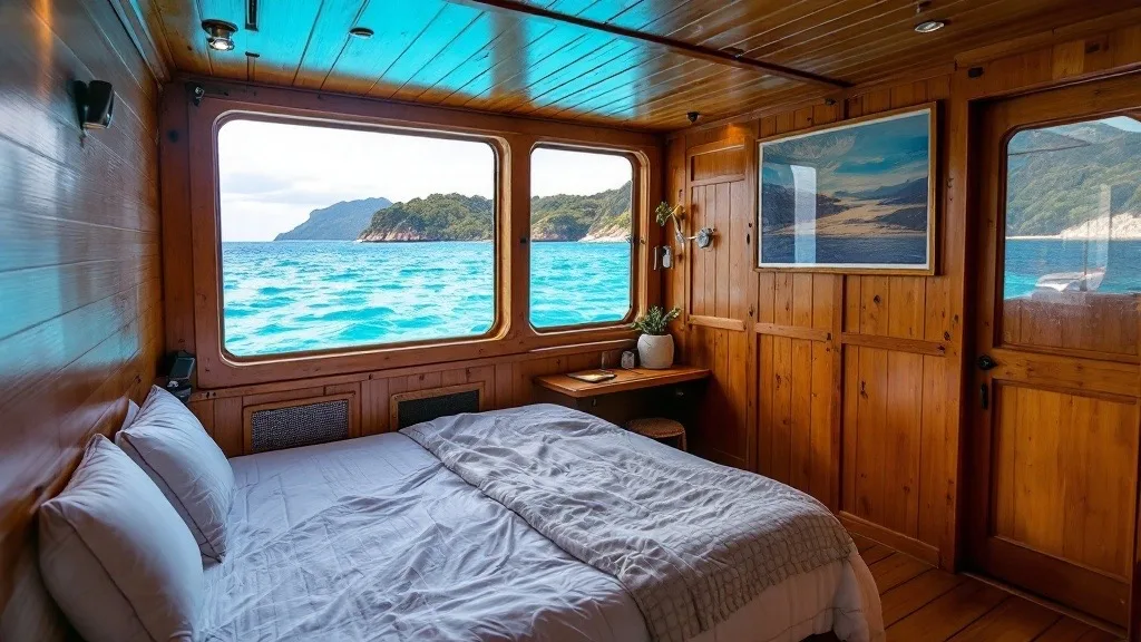 Wooden liveaboard cabin with a queen bed, timber panelling and a sea-view window