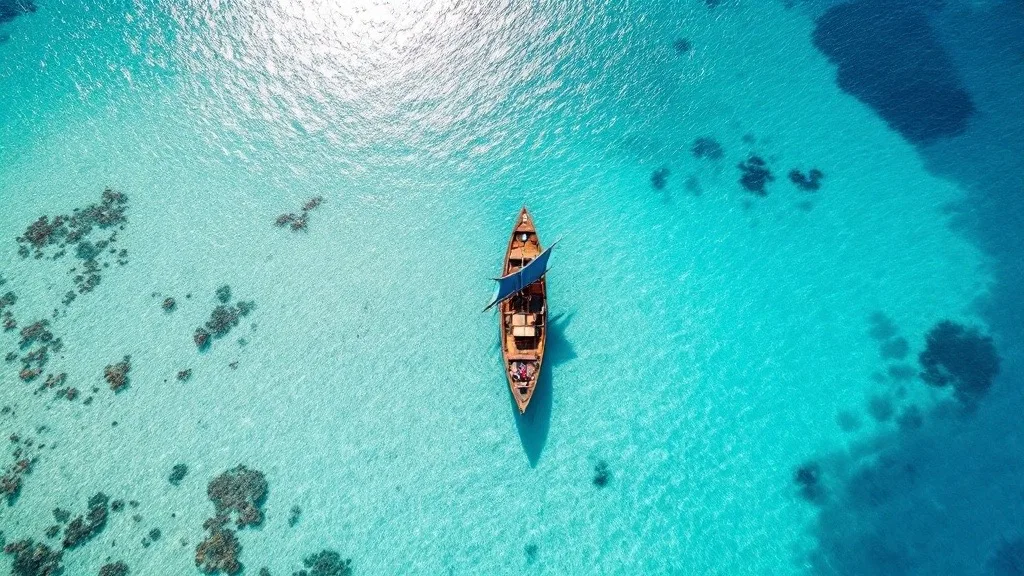 Aerial view of a wooden phinisi on shallow turquoise water beside a white sandbar in Komodo National Park