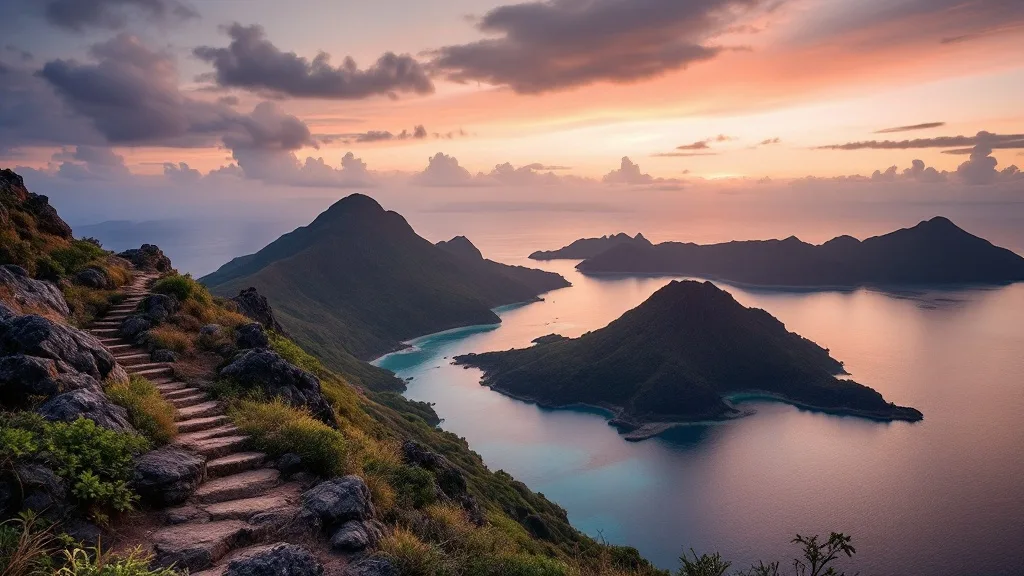 Stepped ridge trail on Padar Island before sunrise above the three bays, Komodo National Park