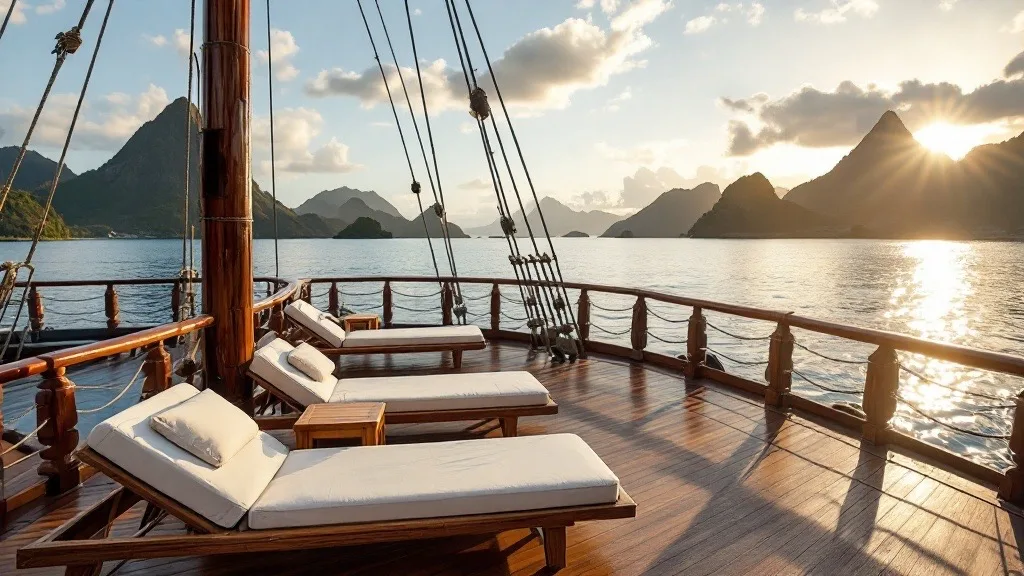 Sundeck of a wooden phinisi liveaboard overlooking a calm bay in Komodo National Park
