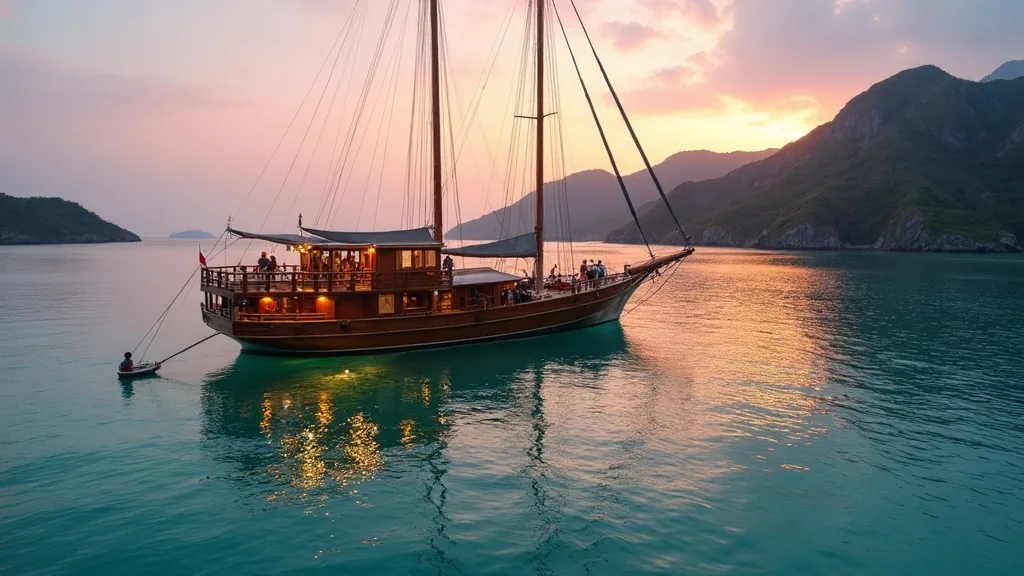 Modern seven-cabin phinisi at anchor in Komodo National Park at dusk with a group of guests gathered on the upper deck