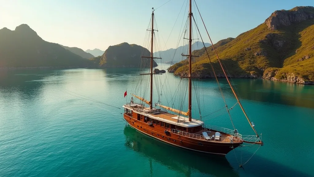 Modern wooden phinisi liveaboard at anchor near Padar Island in Komodo National Park at golden hour